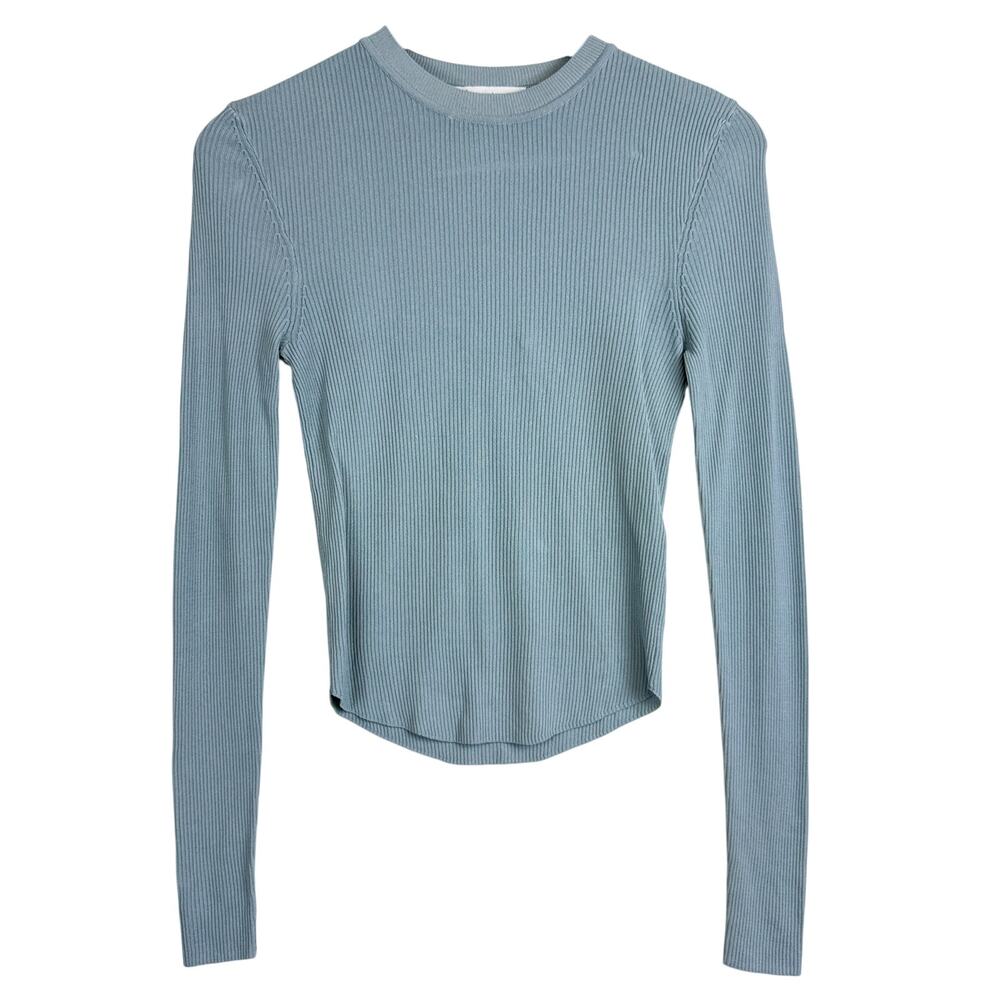 Zara Womens Ribbed Cropped Long Sleeve Shirt Blue - S